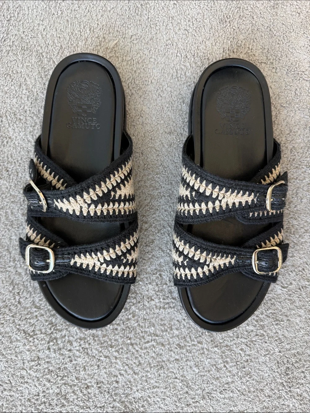Vince Camuto Black and Cream Braided Buckle Slide Sandals